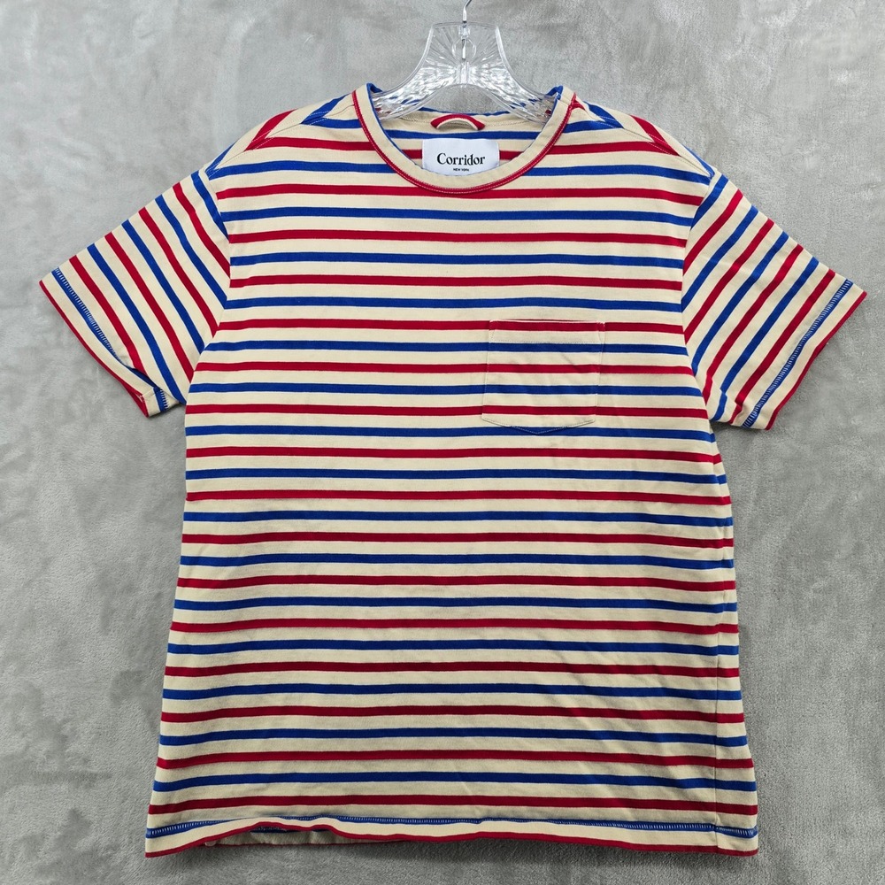 Corridor Mens M T-Shirt Red Blue Cream Striped Pocket Tee Cotton Portugal